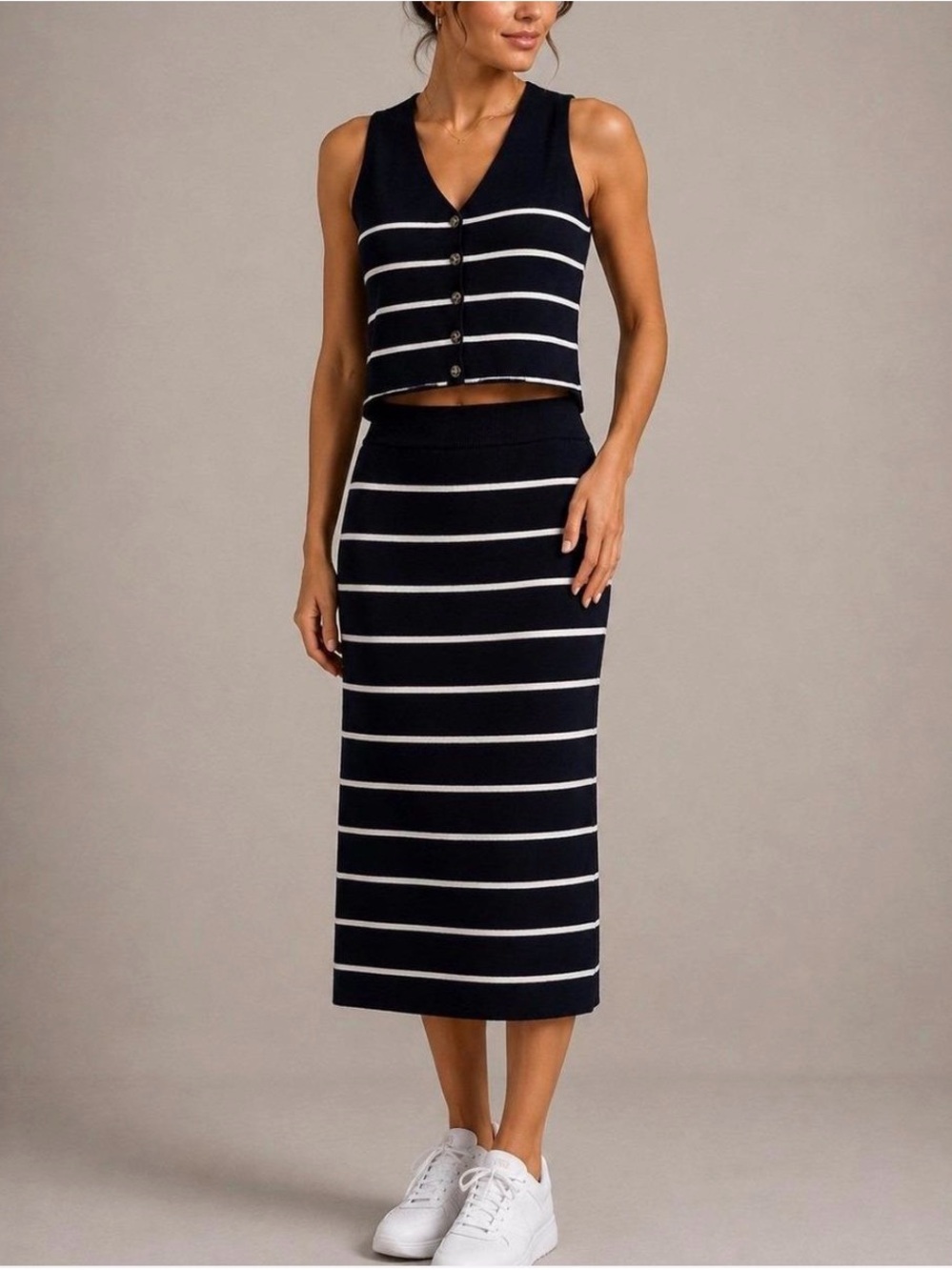 Joie Striped Navy Midi Skirt & Vest Set